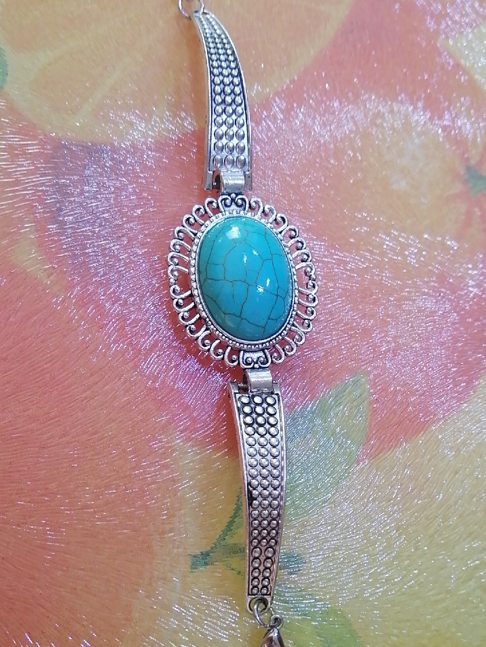 Turquoise Colour Oval Cabochon Silver Tone Filigree Bracelet